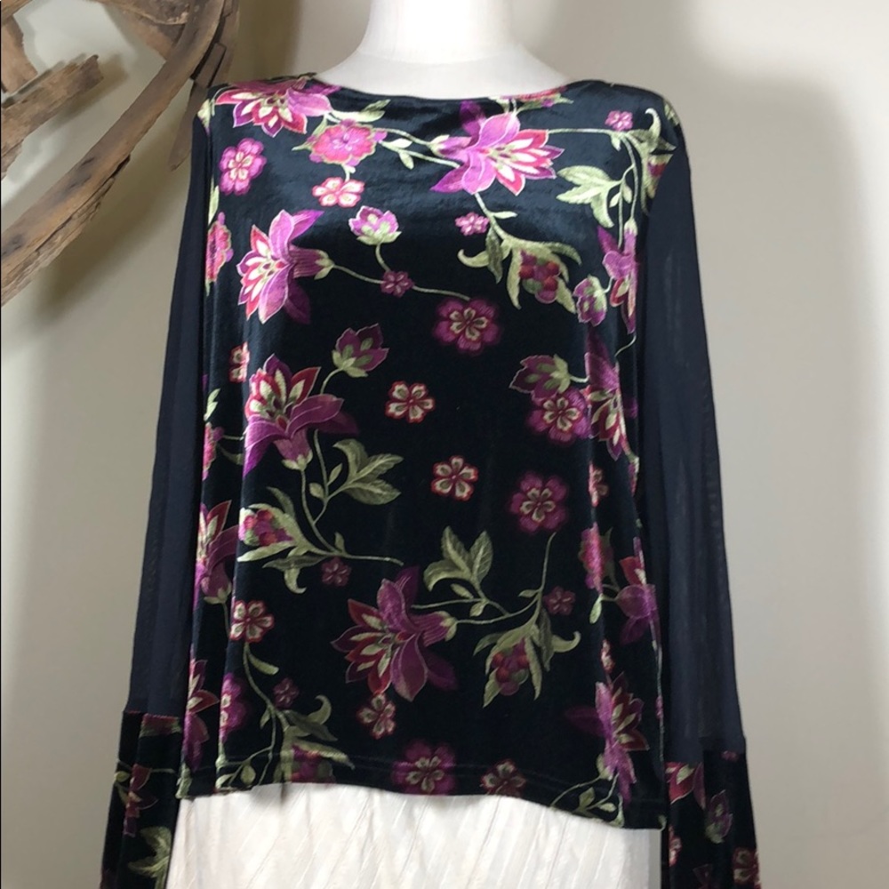 Velour/velvet black top w/sheer nylon sleeves